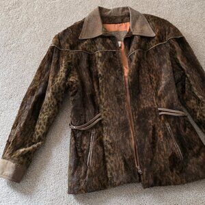 Faux fur, leather trim leopard print women's jacket